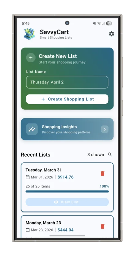 SavvyCart home screen — fully offline