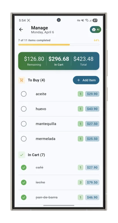 Active shopping list